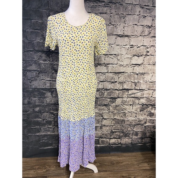 J.G. Hook Dress Womens Medium Yellow Purple Floral Print Tiered Maxi Short Sleev - Picture 2 of 13